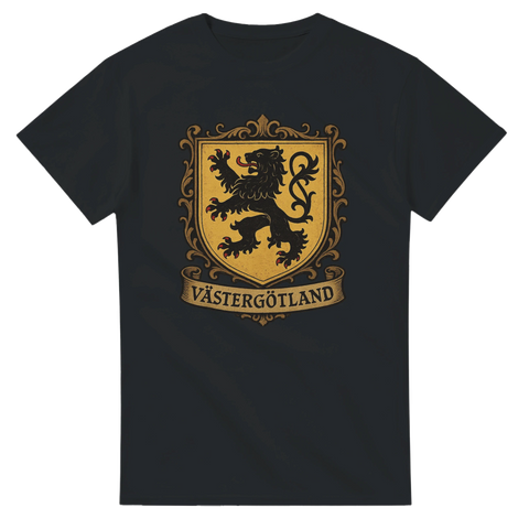 Svart t-shirt med gyllene vapensköld och lejon, texten “Västergötland”