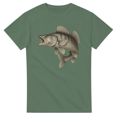 Militärgrön t-shirt med detaljerad illustration av en gös med öppen käft och fena i attackläge