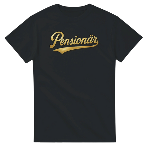 Svart t-shirt med retroinspirerad gul text "Pensionär"