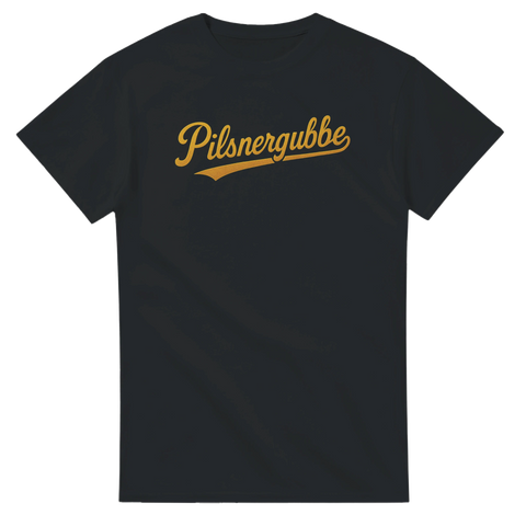 Svart t-shirt med retro textdesign "Pilsnergubbe" i guldfärg