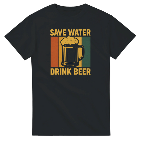 Rolig retro t-shirt med ölstop och texten Save Water Drink Beer.