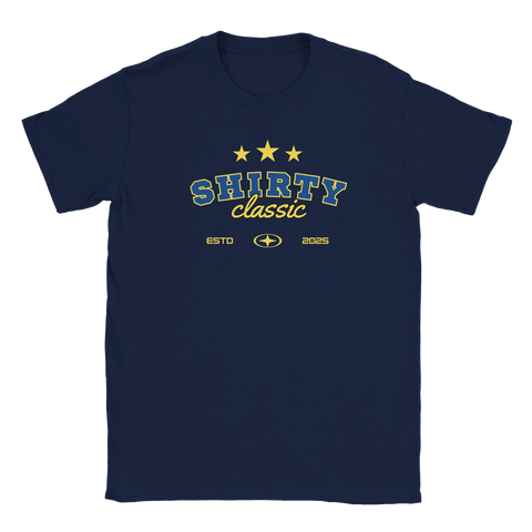 Marinblå t-shirt med retro college-tryck Shirty Classic i gult