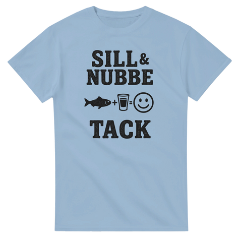 Blå t-shirt med texten Sill & Nubbe Tack och små symboler för midsommar och högtid