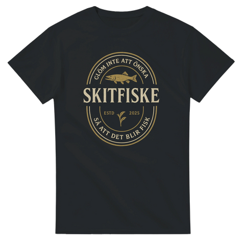 Svart t-shirt med texten Skitfiske och fiskemotiv i retrodesign