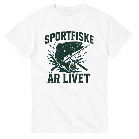 T-shirt med texten Sportfiske är livet och grafisk fiskdesign