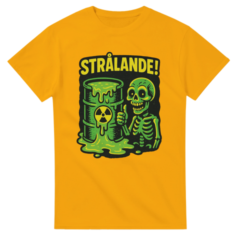 Gul t-shirt med tecknat motiv av ett skelett som står bredvid en radioaktiv tunna med texten "Strålande!" ovanför i stora bokstäver