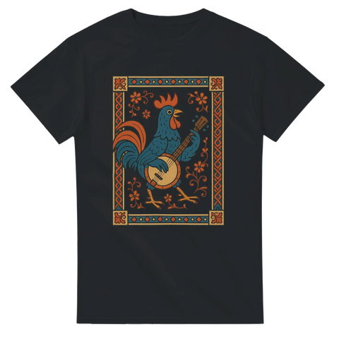 T-shirt med färgglad tupp som spelar banjo i folkloristisk stil