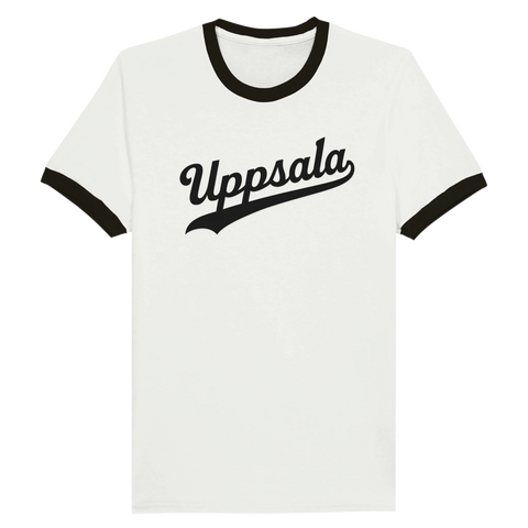 Vit ringer t-shirt med svarta detaljer och svart “Uppsala”-text i retrostil