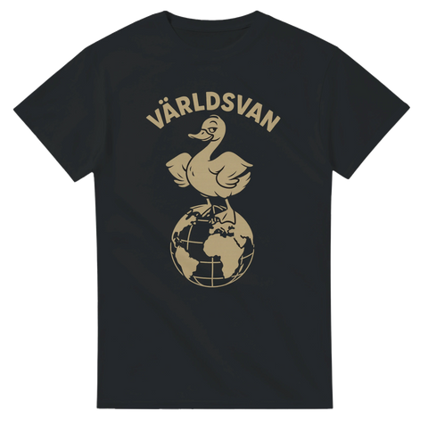 T-shirt med svan som står på jordglob och texten Världsvan
