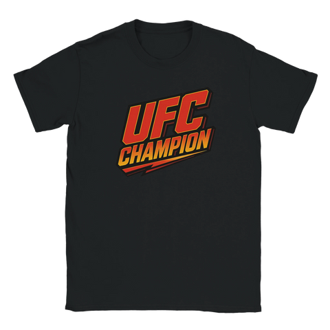 T-shirt med texten "UFC Champion" i fightingstil med röd-gul grafik