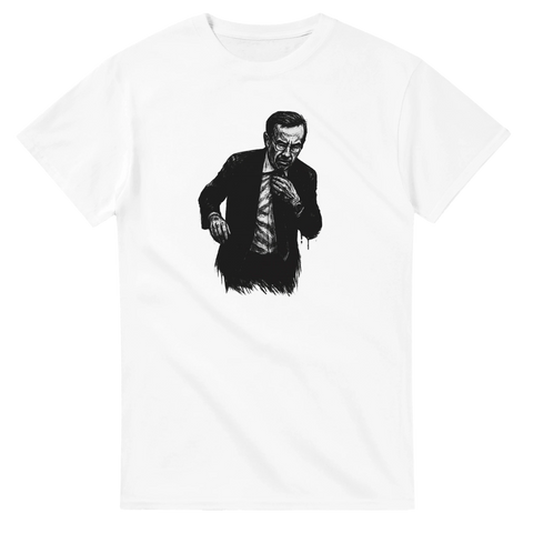 Satirisk t-shirt med Ulf Kristersson som rättar till slipsen