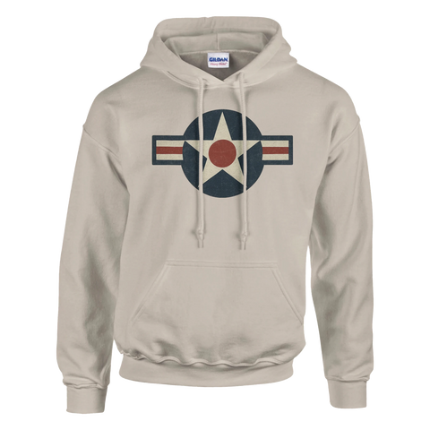 Beige hoodie med retro US Air Force-emblem i blått, rött och vitt