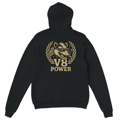 Baksida av Hoodie med tryck av Billy Badger, en cool grävling med solglasögon och texten V8 Power