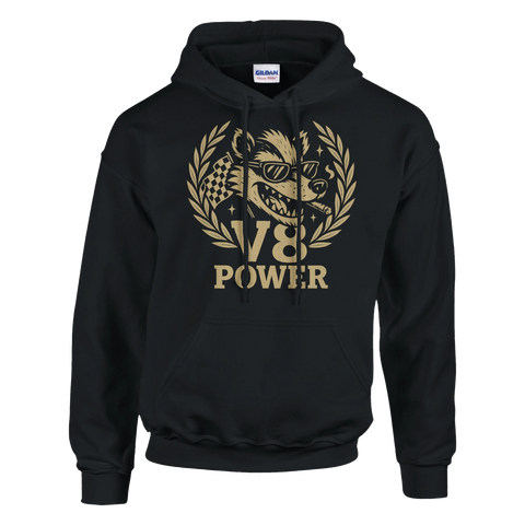 Hoodie med startflagga, cool grävling med cigarr och texten V8 Power. För Raggare
