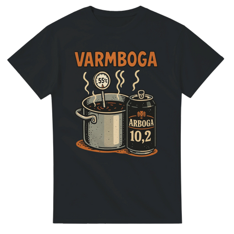 Svart t-shirt med kokande kastrull och burk Arboga 10,2 – en hyllning till svensk starkölshumor.
