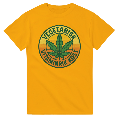 Gul t-shirt med cannabisblad och texten "Vegetarisk Vitaminrik Kost"