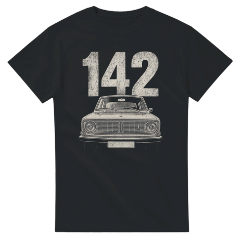 T-shirt med motiv av Volvo 142 och siffran 142, perfekt för raggare och Volvo-entusiaster
