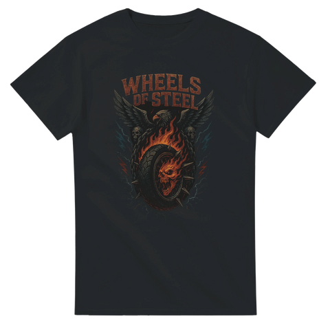 T-shirt med motiv av brinnande däck, döskallar och texten Wheels of Steel, perfekt för raggare och bikerfans