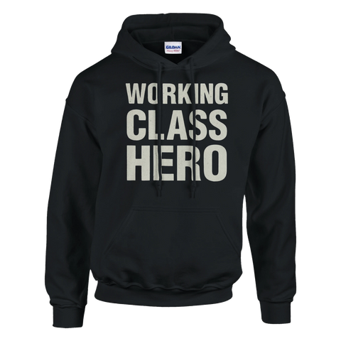 Svart hoodie med stor vit text "WORKING CLASS HERO" i blockbokstäver