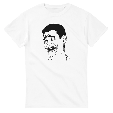 Humoristisk T-shirt med den berömda Yao Ming-memen i minimalistisk svartvit design.