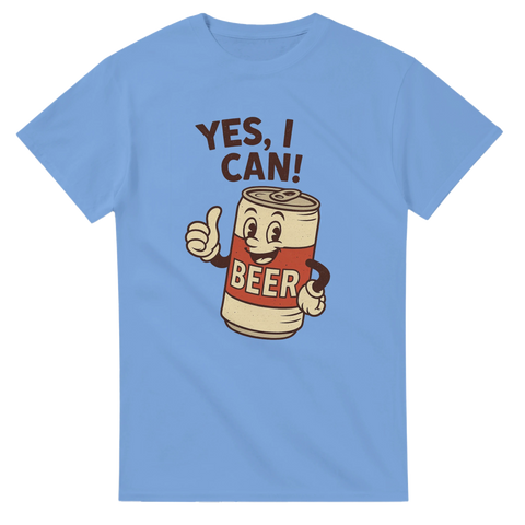 Blå t-shirt med tecknad ölbursfigur som gör tummen upp och texten "Yes, I Can!" ovanför