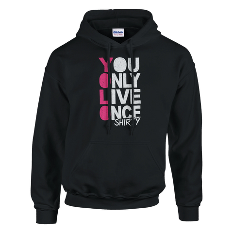 YOLO Shirty hoodie med rosa och vit text – svart