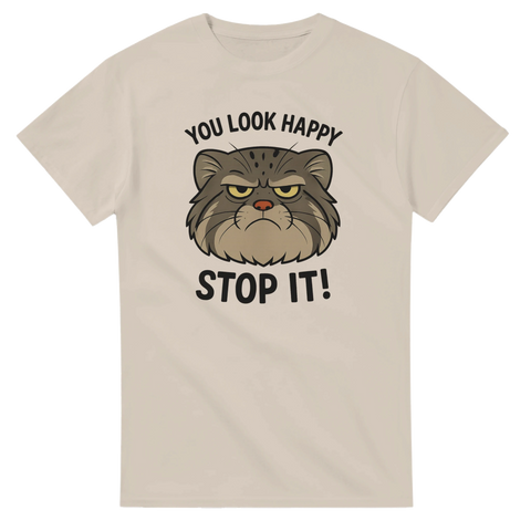 Rolig t-shirt med butter katt och texten You Look Happy Stop It