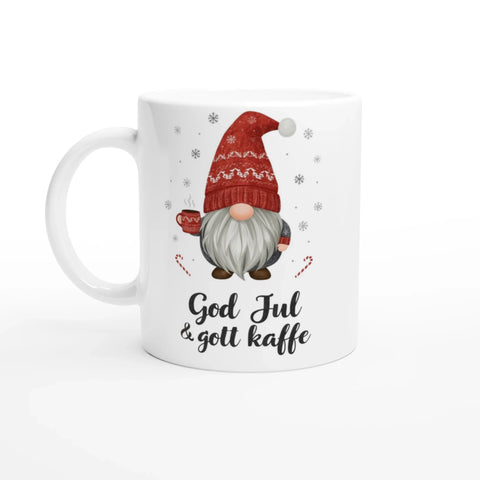 Vit keramikmugg med illustration av en jultomte och texten God jul & gott kaffe