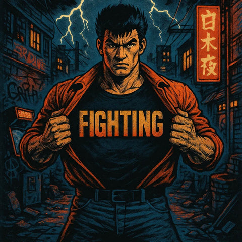 En man som visar upp tröja med texten "FIGHTING". Kollektionsbild för Fighting på Shirty.se