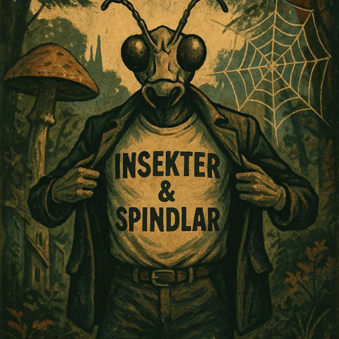Kollektion med t-shirts som visar insekter och spindlar i stiliserad design