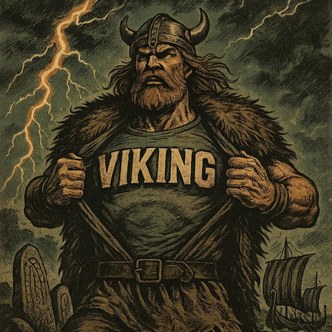 Viking som visar upp en tröja med ordet "VIKING". Kollektionsbild för Viking på Shirty.se