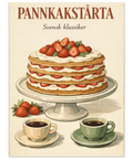 Köksvägg dekorerad med en inramad poster föreställande en traditionell svensk pannkakstårta och fika.