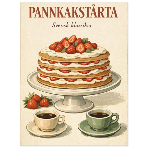 Köksvägg dekorerad med en inramad poster föreställande en traditionell svensk pannkakstårta och fika.