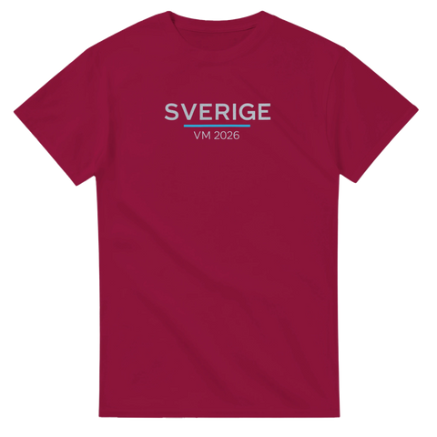 Sverige VM 2026 supportertryck i vit och blå färg på röd t-shirt