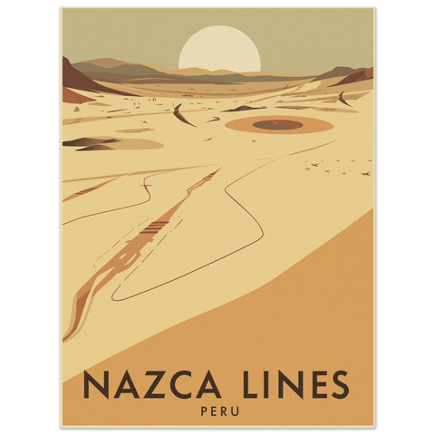 Närbild av en travel poster med texten Nazca Lines Peru i brun text mot en varm beige bakgrund med ökenmotiv.
