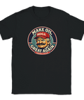 Satirisk illustration av Trump med mustasch tryckt på svart t-shirt
