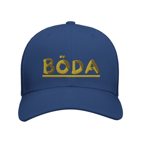 Böda text i guld med linje på marinblå trucker keps.