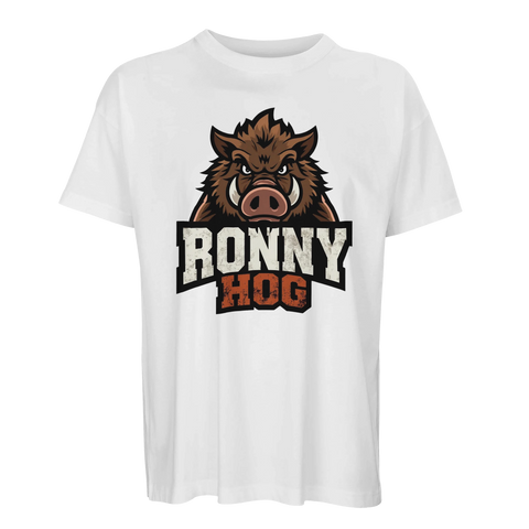 Vit ekologisk t-shirt med tuff cartoon-illustration av Ronny Hog