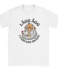 Vit t-shirt med farfar, en höna och texten ”Lägg ägg i farfars skägg”.