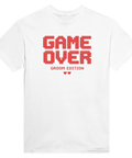 Pixelgrafik med texten Game Over Groom Edition på vit t-shirt