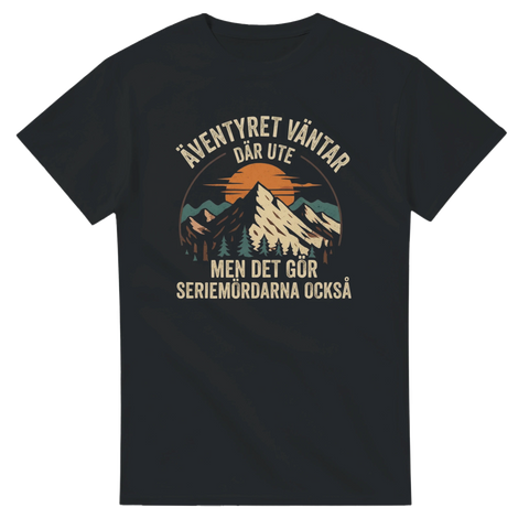 Ironiskt citat om seriemördare i naturen på en svart t-shirt