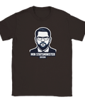 Brun t-shirt med uttrycksfullt politiskt motiv i stilren illustrationsstil