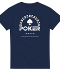 Marinblå t-shirt med vitt poker-tryck och citat om Texas Hold'em