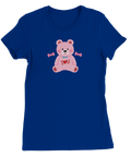 Rosa nallebjörn med blå fluga, "I ♥ U" och rosa rosetter på kungsblå dam-t-shirt.