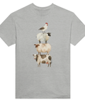 Humoristiskt motiv med balanserande djur på gråmelerad t-shirt