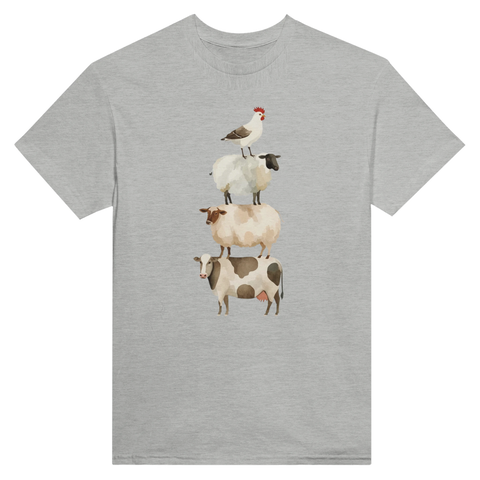 Humoristiskt motiv med balanserande djur på gråmelerad t-shirt