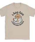 Beige t-shirt med farfar, en höna och texten ”Lägg ägg i farfars skägg”.