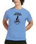 Cykla Psykiskt" text och cyklist med spiralhjärna på ljusblå t-shirt.
