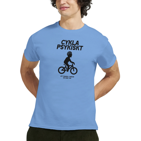 Cykla Psykiskt" text och cyklist med spiralhjärna på ljusblå t-shirt.