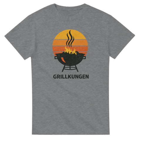 Grillkung-tryck med grill, eld, rök och solnedgång i retrostil på grå t-shirt.
